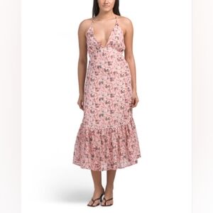 NWT - Gold Metallic Threaded Cris Cross Back "En Creme" Pink/Cream Midi Dress-M